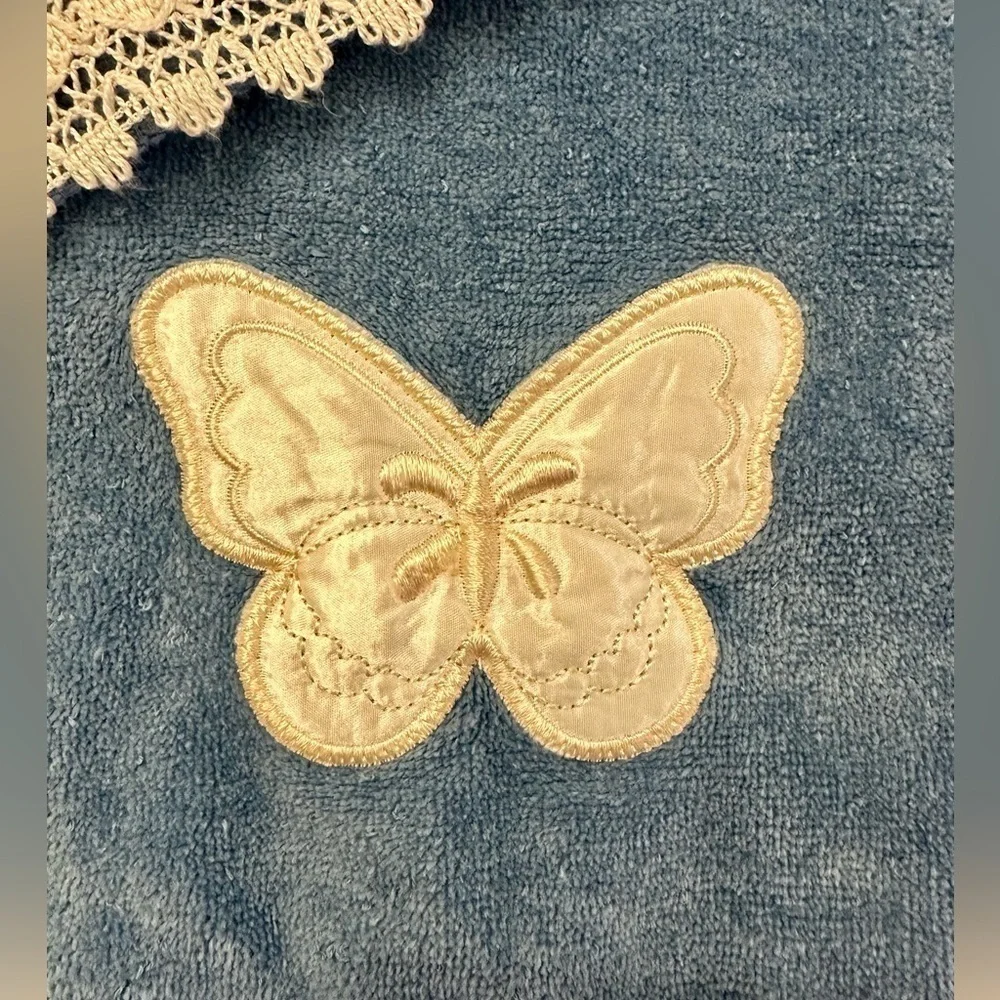 Vintage Saturday Knight Ltd. 2 Blue Hand Towels with Embroidered Satin Butterfly